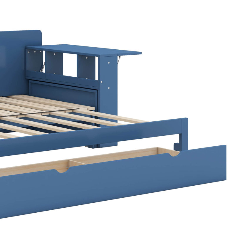 Queen Size Daybed With Removable Desk, Storage Drawers And Hydraulic Side Table, Blue, Queen