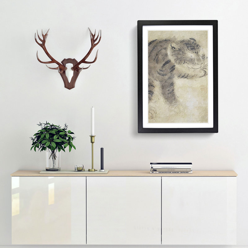Tiger Licking its Paw by Tawaraya Sotatsu - Picture Frame Painting Print, 65cm H x 48cm W x 2cm D, Black Framed