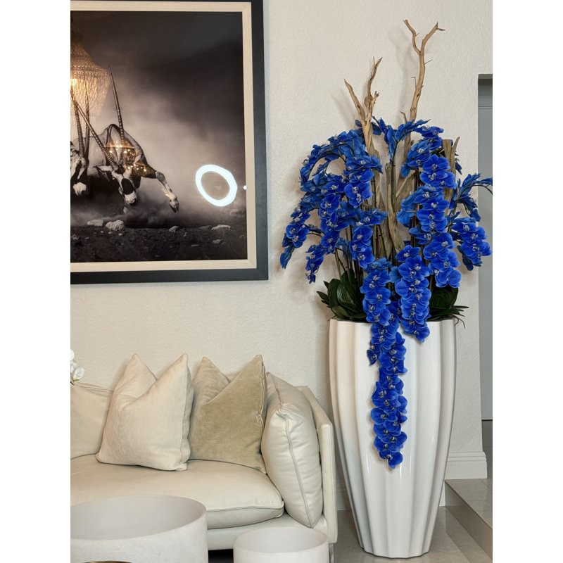 Jardinière San Jose en brillant avec orchidées en cascade, Bleu, Blanc