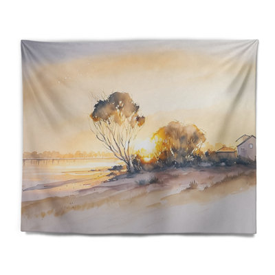 Tree In The Countryside At Sunset IV Polyester Tapestry