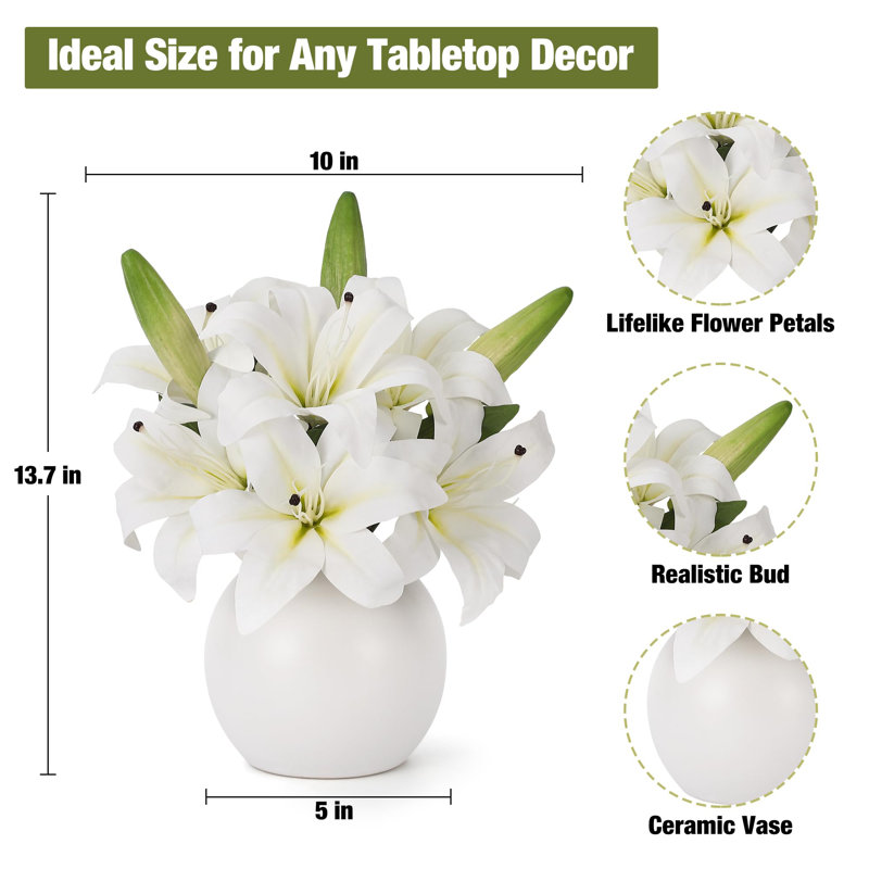 Ensemble de 2 fleurs de lis artificielles blanches - lis en soie réaliste, fleur décorative, arrangement floral, décoration de maison et de mariage, centre de table floral