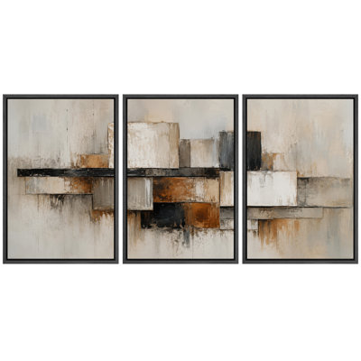 Tableau abstrait géométrique beige, brun, noir et ivoire, impression giclée sur toile encadrée, 3 pièces - 61 x 91 cm (24 x 36 pouces)