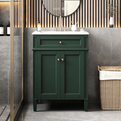 Meuble-lavabo de salle de bain 24 po avec 2 portes, tiroir basculant, tablette ajustable avec armoire à fermeture en douceur, lavabo en céramique pour lavabo brillant à utilisation quotidienne, charnières, pieds en bois massif