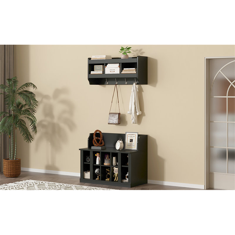Banc de rangement pour chaussures avec tablettes et 4 crochets ON-TREND, Noir