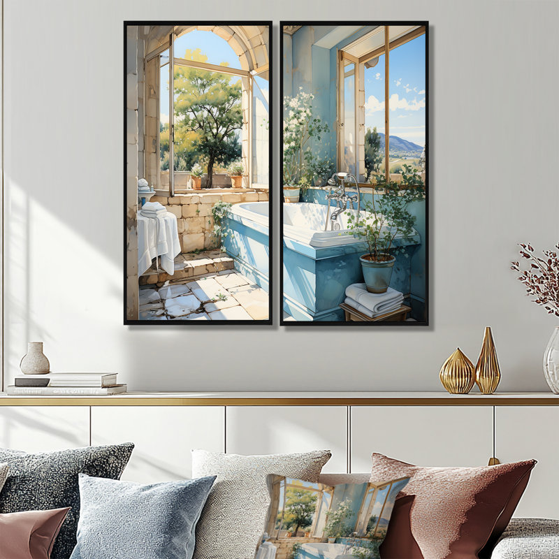 «Bathroom Bathroom Fresh» - art mural bleu, 32" H x 32" W, Black, Framed Print without Mat