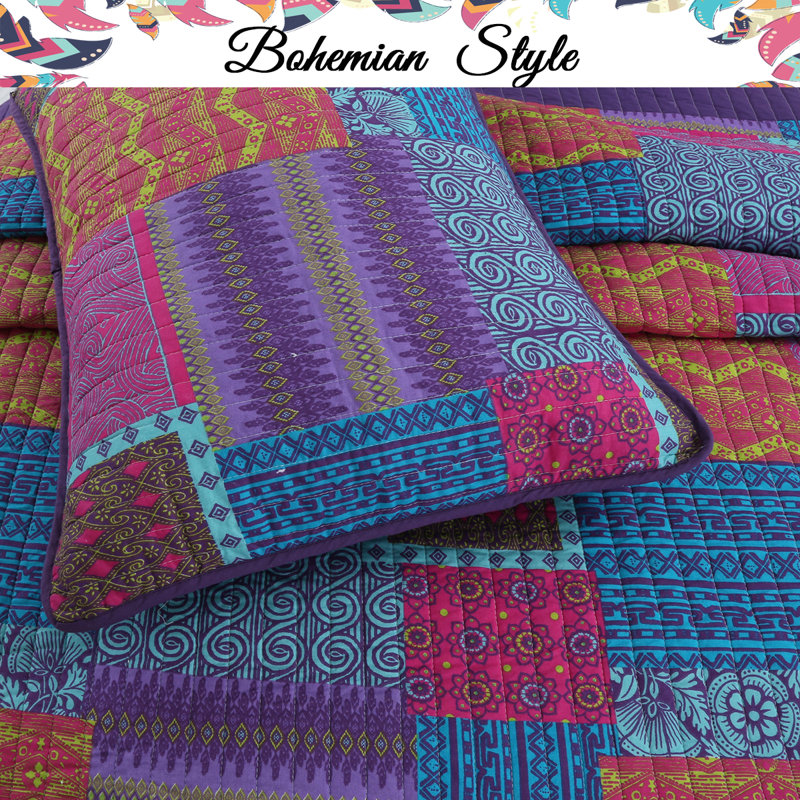 Queen Purple Cotton Reversible Patchwork Quilt Set