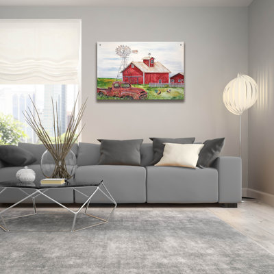 Art mural en verre acrylique «Red Red Barn A» par Jean Plout