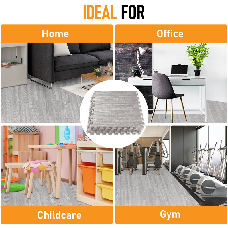 Carreaux de sol en mousse à grain de bois à emboîtement de 3/8 po HomeCube USA, Gris