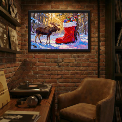 Christmas Moose In Winter Forest With Christmas Boot