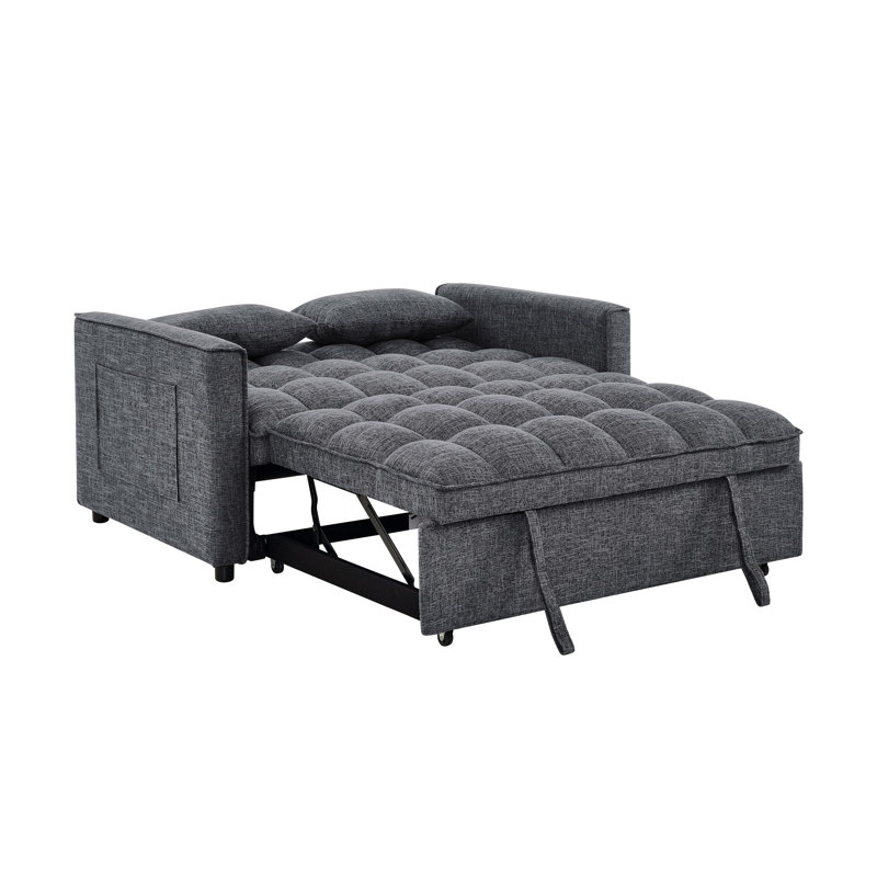 Convertible, siège gris à 2 places avec dossier pliable, extension de chaise longue et rangement latéral pour les télécommandes, petits espaces invités convenables dans les appartements