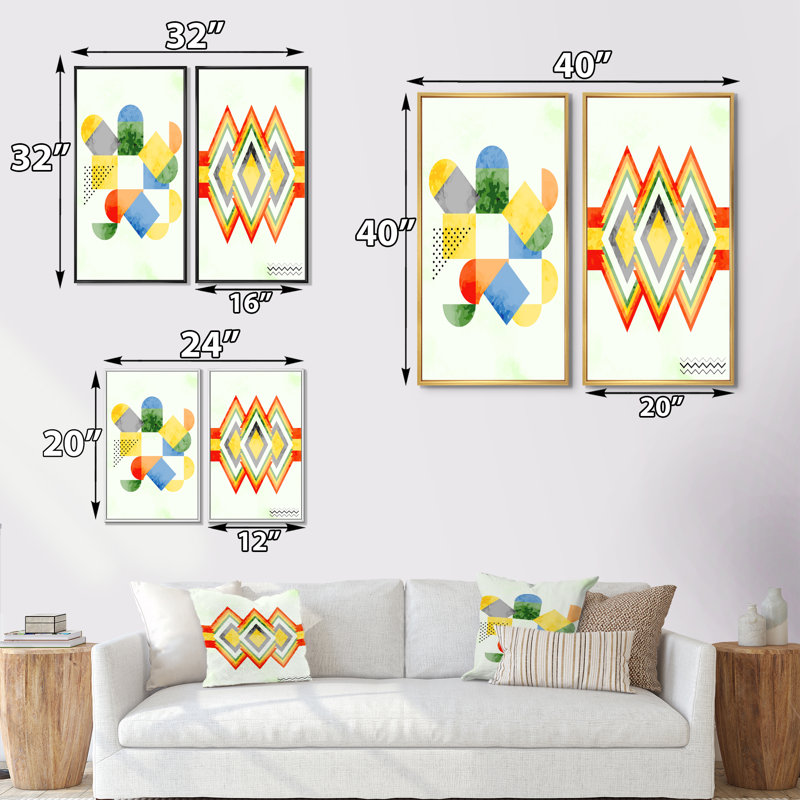 «Abstract Retro Geometrics IV», ensemble de 2 impressions, H 40 po x l 40 po x P 1,5 po, Toile avec cadre doré