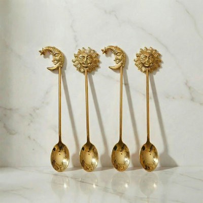 Stainless Steel Flatware Teaspoons (set Of 4), Sun & Moon Gold Decorative Coffee Spoons