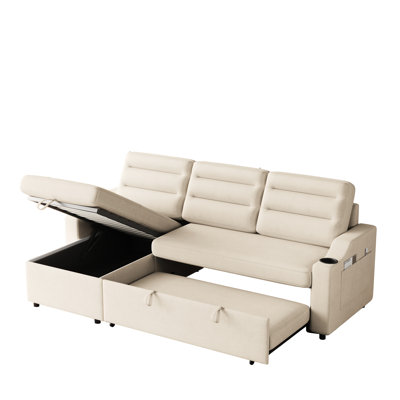 Convertible Bed With Side Pocket And Comfortable Cushions For Living Area Wood Frame Pullout Storage Feature