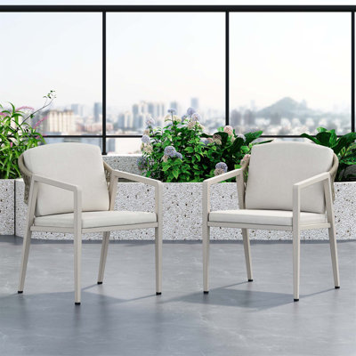 Ensemble de 2 chaises de salle à manger d'extérieur, chaises de patio en rotin tressé, fauteuil avec accoudoirs pour l'extérieur, terrasse et balcon près de la piscine, siège et coussin imperméables, gris et beige