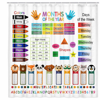 EduSplash Kids Shower Curtain - Fun & Colorful Learning Decor with Multiplication Table & Cartoon Theme