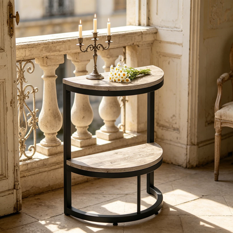 Table de bout semi-circulaire à 2 niveaux, petite table d'appoint demi-ronde avec étagère de rangement, table d'appoint en C mince pour canapé, salon, chambre à coucher, assemblage facile, gris rustique et noir