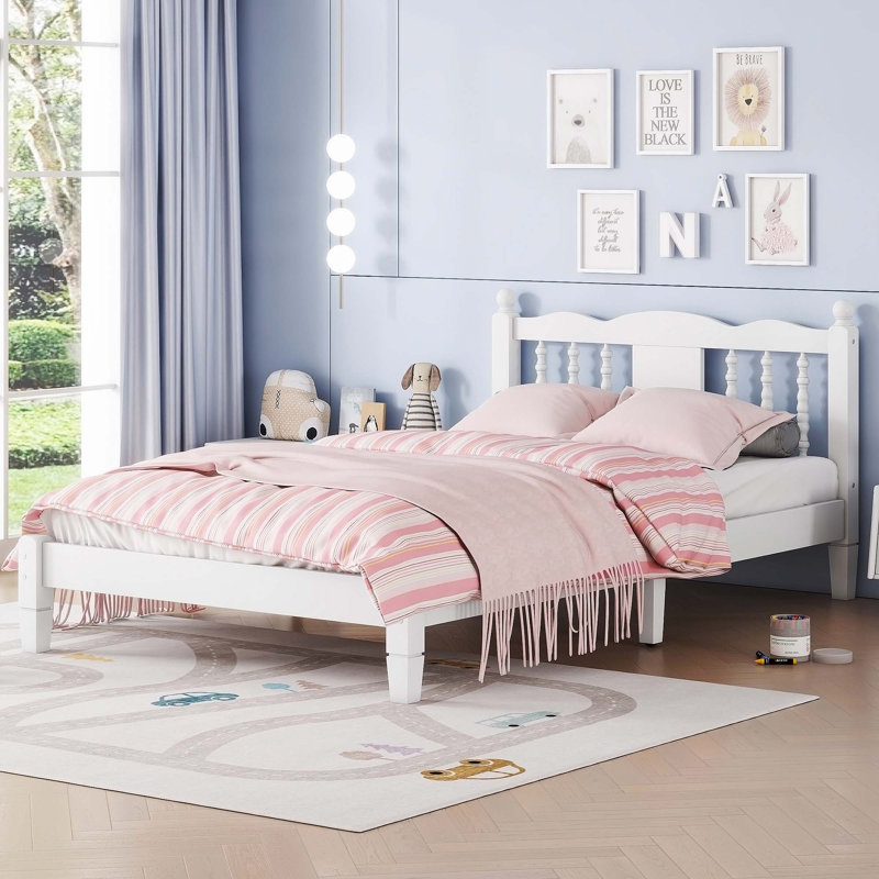 Charmant lit simple avec tête de lit ornée et lattes pratiques pour une chambre à coucher élégante, Blanc