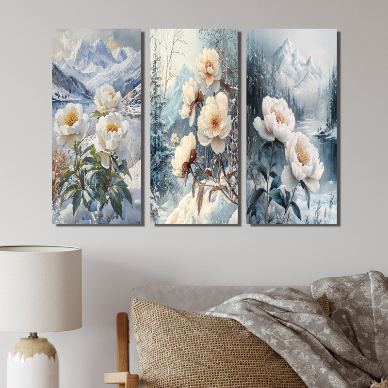 Pivoine enneigée dans la forêt I - Collection d'art mural grand pivoines, H 28 po x l 36 po, Toile tendue, Ne s’applique pas