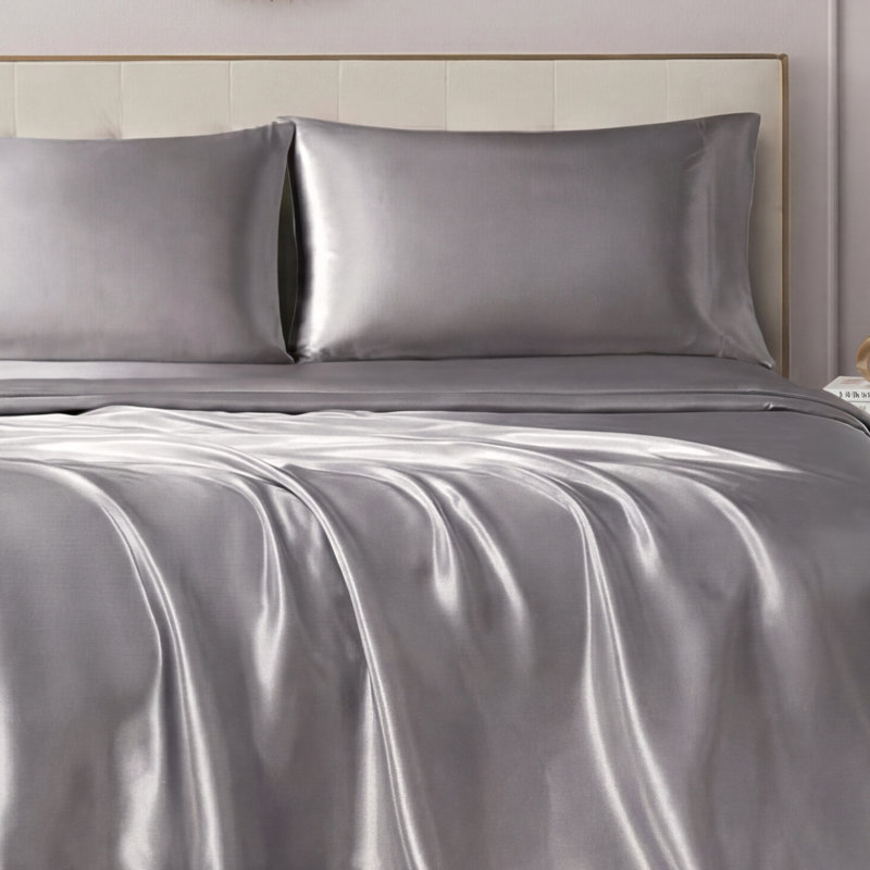 Juicy Couture Premium Silky Satin Sheet Sets, King Sheet Set with 2 Pillowcases, Silver Wisteria