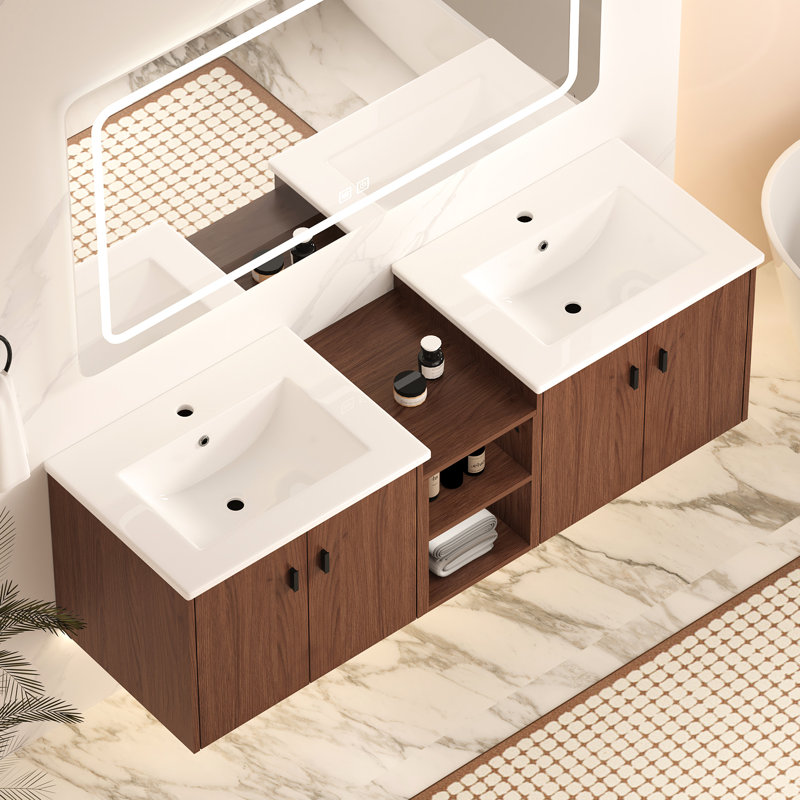 Meuble-lavabo 60 po à fermeture en douceur brun rougeâtre 60 po Armoire méticuleusement conçue à fermeture en douceur pour un usage transitionnel et silencieux