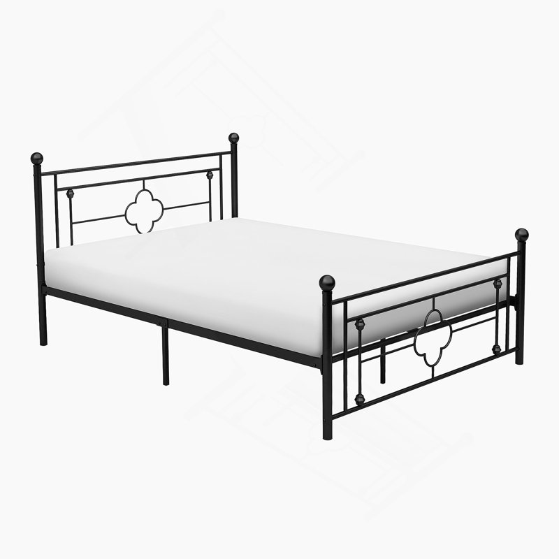 1 lit plateforme double avec cadre en métal à finition noire et embouts sphériques de style moderne