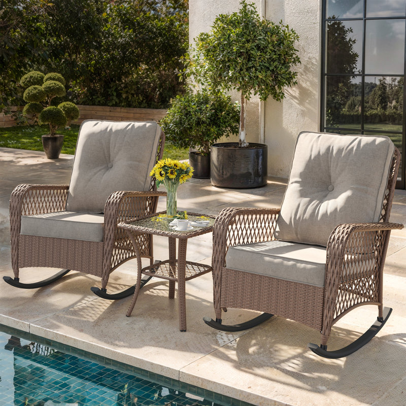 Oversized Outdoor Rocking Chair 3-Piece Set with Cushions & Glass Side Table, Gray Cushion/Brown Frame