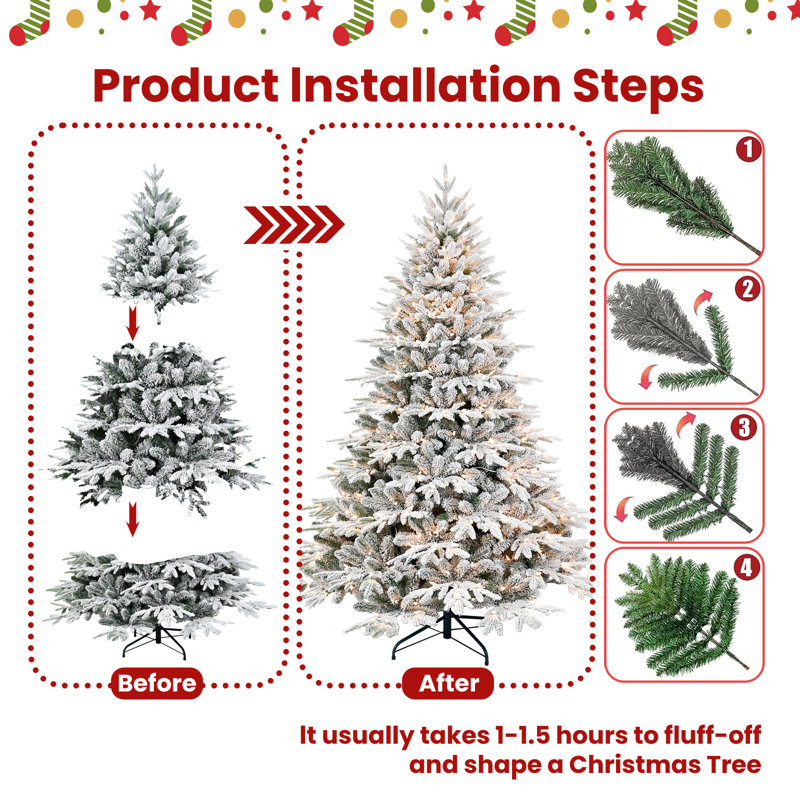 Arbre de Noël artificiel enneigé 4 pi avec 150 lumières blanc chaud et branches en fil mémoire, H 4 pi, Blanc