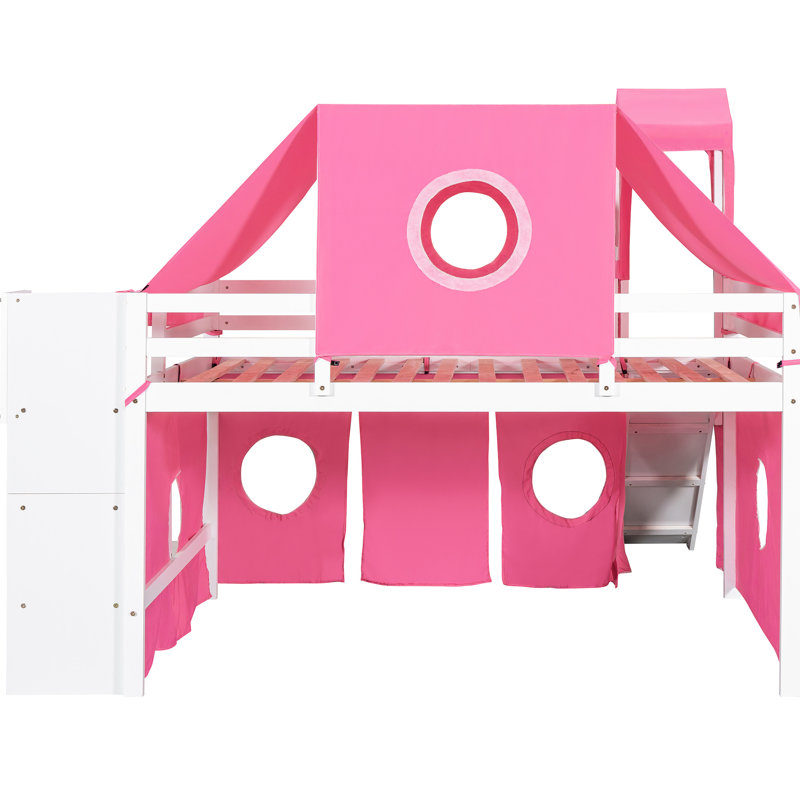 Lit mezzanine double rose avec tente et tour. Composé de bois de pin massif pour plus de stabilité. Fenêtre de conception inspirée d'une maisonnette. Espace de rangement spacieux et spacieux. Matelas: L 94,6 po x l 99,5 po x H 78,9 po