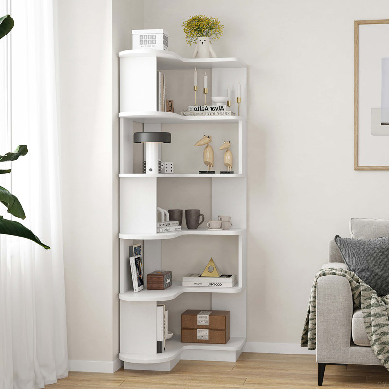 5-Tier Corner Bookshelf,L-Shaped Bookcase Freestanding Storage Shelf & Display Stand For Living Room, Office, Bedroom, White