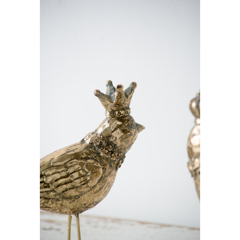 Set of 2 Gold Bird Sculptures with Playful Crowns, 7” Resin and Metal Figurines, Whimsical Home Accents for Mantel, Tabletop, Shelf, or Desk 