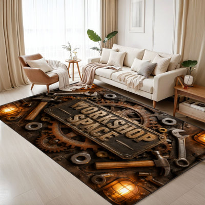Tapis lavable 180 x 270 cm, style industriel steampunk, à poils courts, avec envers antidérapant en TPE, idéal pour un atelier, un salon, une chambre, une salle à manger ou un bureau à domicile. Doux et confortable, il convient parfaitement à une pièce de vie comme un atelier.