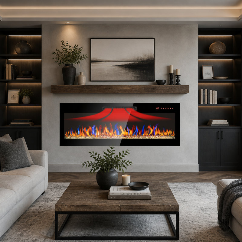 Foyer électrique mural en verre trempé ultra-mince encastré de 42 pouces avec télécommande et flamme multicolore