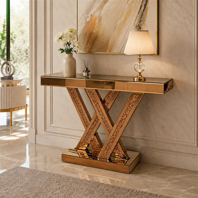 Verre brun miroir avec incrustation de diamant étincelant et pieds en forme de W - une table d'entrée luxueuse et une table / siège de canapé de salon sophistiqué.