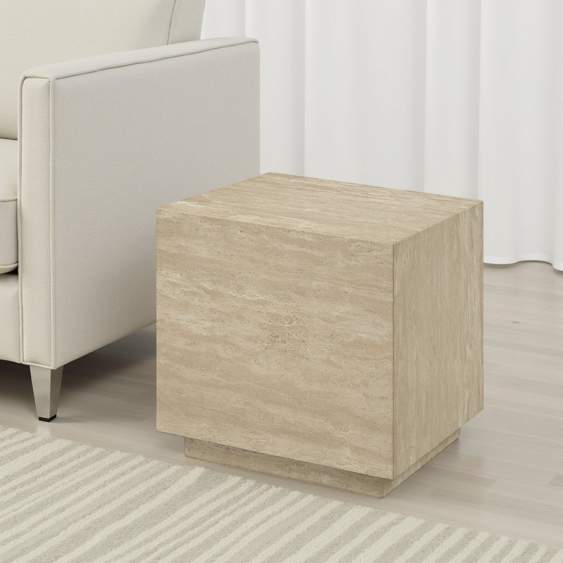 Table de bout Lory, plateau en travertin carré de 19 po, bois naturel beige