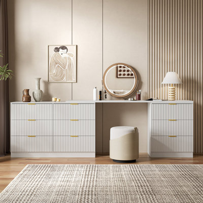 L-Shaped Home Office Desk, Extendable Dresser With 9 Drawers Up To 102"W