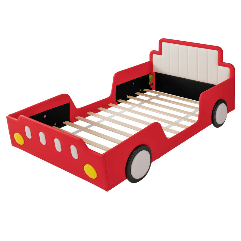 Structure de lit simple de voiture de course, lit plateforme pour enfants avec roues, conception en forme de voiture, rouge