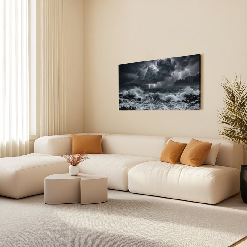 Ensemble de 1 tableau sur toile tendue représentant des vagues déchaînées et des éclairs, H 12 po x l 36 po