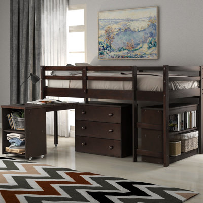 Low Study Loft Bed With Cabinet And Rolling Portable Desk