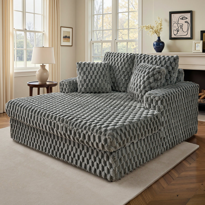 53 Inch Upholstered Chaise Lounge, Plush Sleeper Chair with Throw Pillows and Armrests, Sofa Bed Indoor for Living Room, Gray