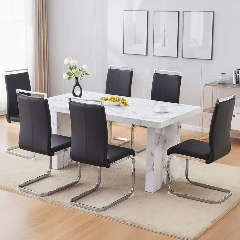 Ensemble de table de salle à manger en bois 63 po avec chaises rembourrées Cary, 7 Pieces: Table, 6 Chairs, Black