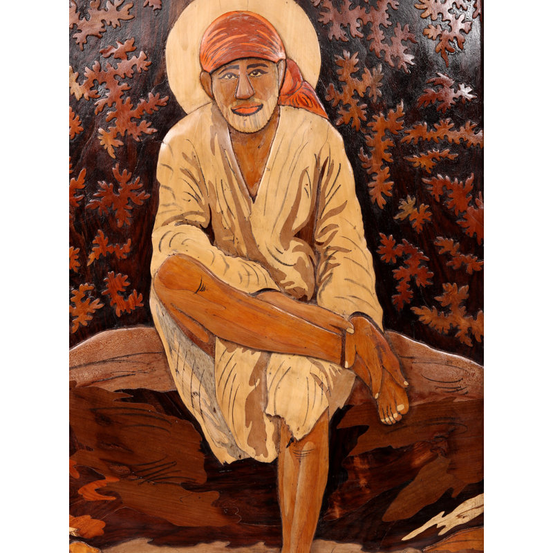 Artisan Hand-Carved Sai Baba of Shirdi 3D Wood Wall Art, 18-Inch Spiritual Inlay Panel for Home Decor