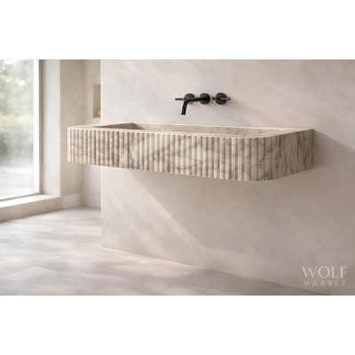 Hand-Carved Fluted Marble Floating Sink, Custom Size - 20 in x 18 in x 8 in