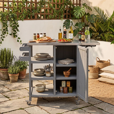 Chariot pour îlot de cuisine en acier inoxydable avec roues verrouillables, armoire de rangement et tablettes ouvertes