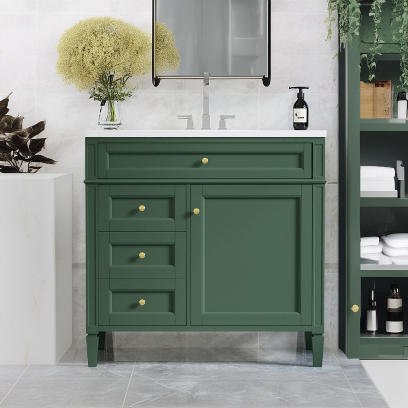 Meuble-lavabo de salle de bain avec lavabo supérieur, 2 tiroirs et un tiroir basculant, Vert
