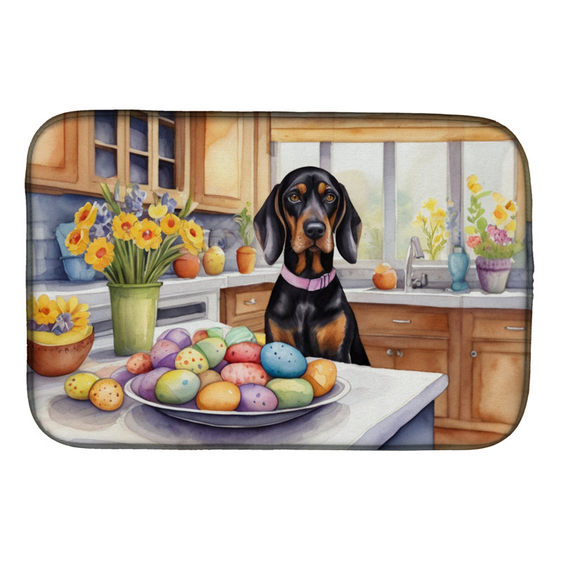 Decorating Easter Black and Tan Coonhound Dish Drying Mat