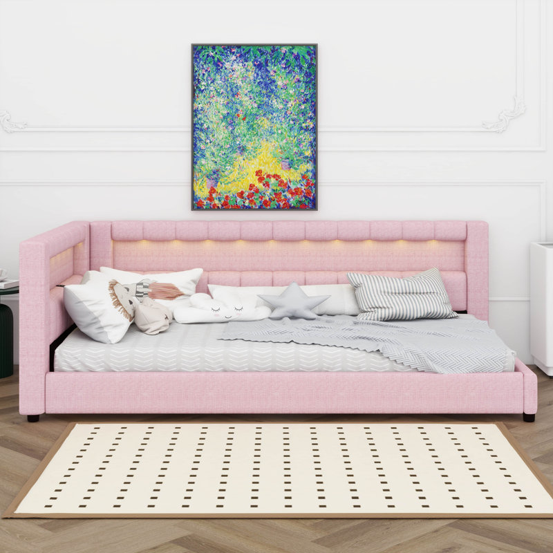 Upholstered Daybed With Storage, L-Shaped Daybed With LED Belt And USB Ports, Linen Fabric Day Bed Frame, Extra-Long Twin