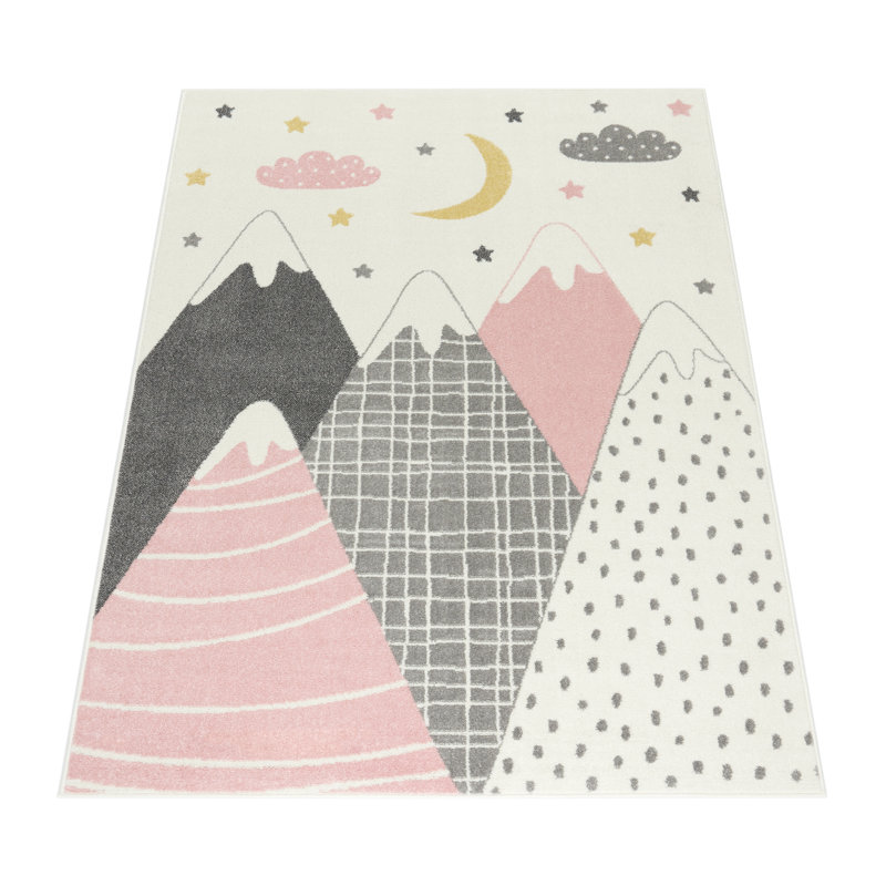 Tapis en polypropylène tissé à la machine, Rond 3 pi 11 po, Gris / rose / crème