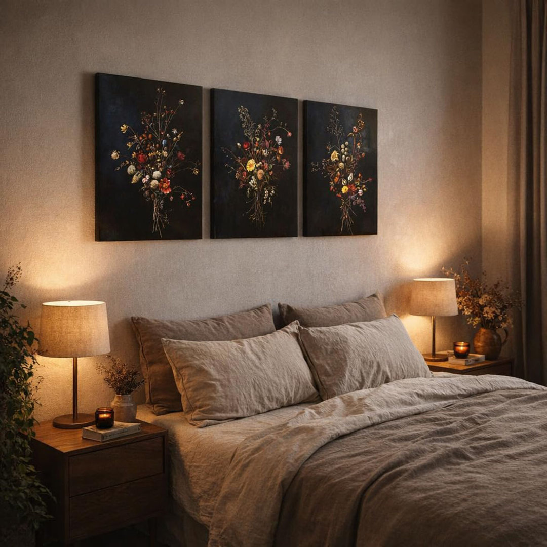 3 Piece Dark Moody Floral Wall Art, Vintage Botanical Canvas Prints On Black Background, Wildflower Bouquet Wall Decor For Living Room Bedroom Office,