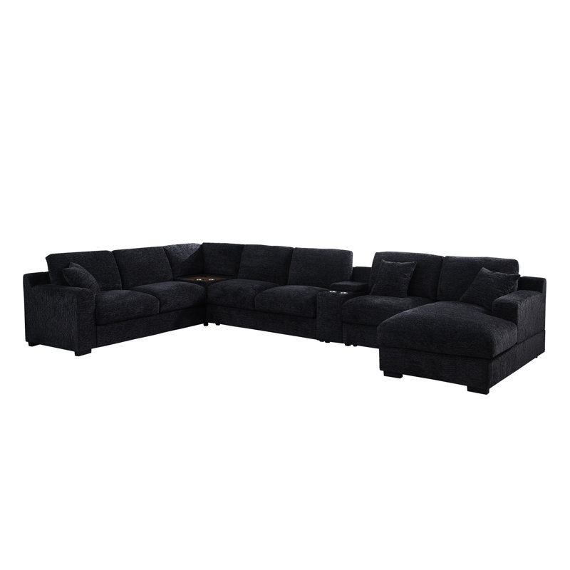 Canapé modulaire en chenille gris foncé avec méridienne droite, plateformes à tasses et porte-boissons