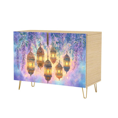 Sideboard Buffet Cabinet with Storage Elegant Lanterns Surrounded by Purple Blossoms Soft Watercolor Art with 2 Doors for Living Room and Kitchen